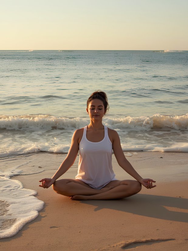 Frau meditiert am Strand bei Sonnenuntergang – Meditation zur Selbstheilung