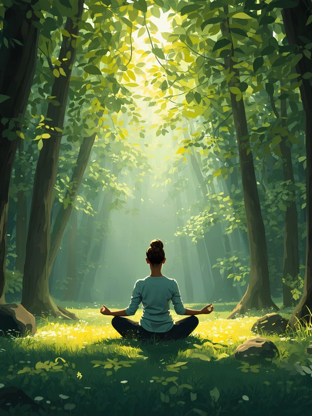 Person meditiert im lichtdurchfluteten Wald – Selbstheilung durch Meditation